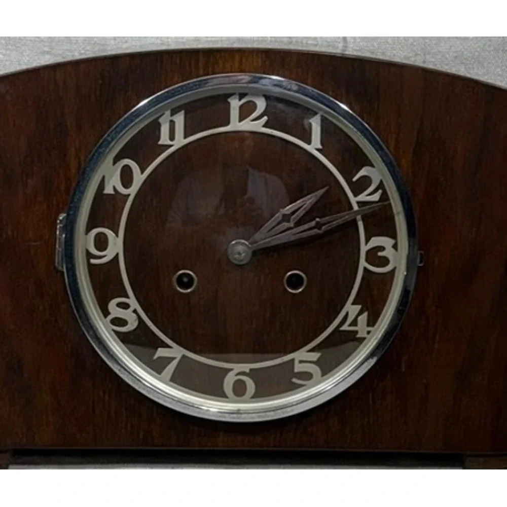 Vintage 1950s Tambour Mantel Clock German 8 Day Movement 130 Stamp Wood Case